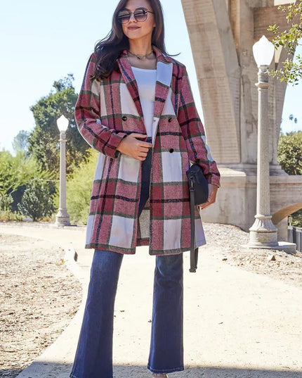 Plaid Button-Up Lapel Coat with Pockets - Full Size Double Take Design