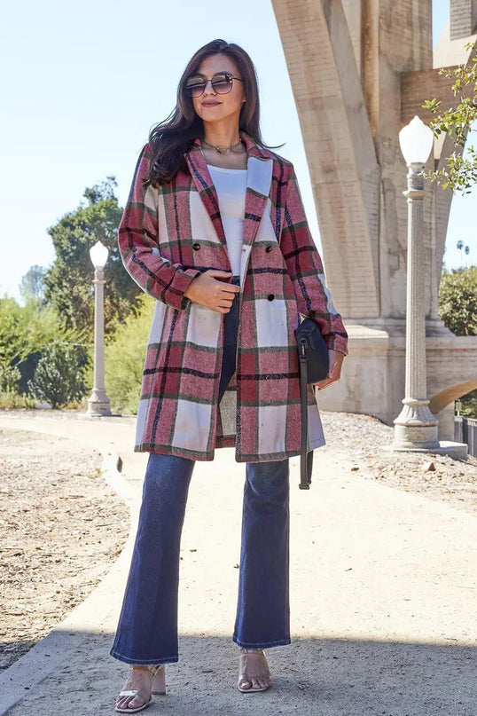 Plaid Button-Up Lapel Coat with Pockets - Full Size Double Take Design