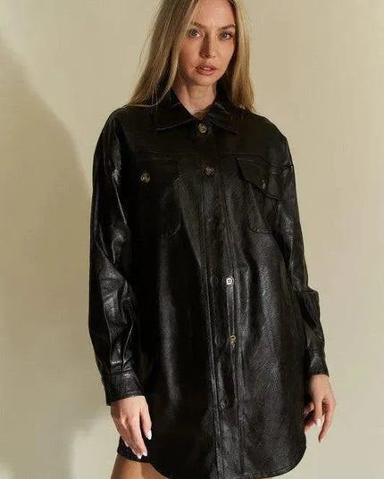 Faux Leather Utility Jacket with Button-Up Front and Chest Pockets