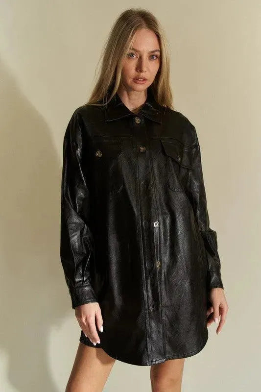 Faux Leather Utility Jacket with Button-Up Front and Chest Pockets