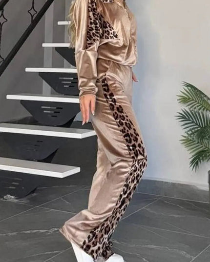 Full Size Collared Neck Leopard Zip Up Top and Pants Set Plus Size