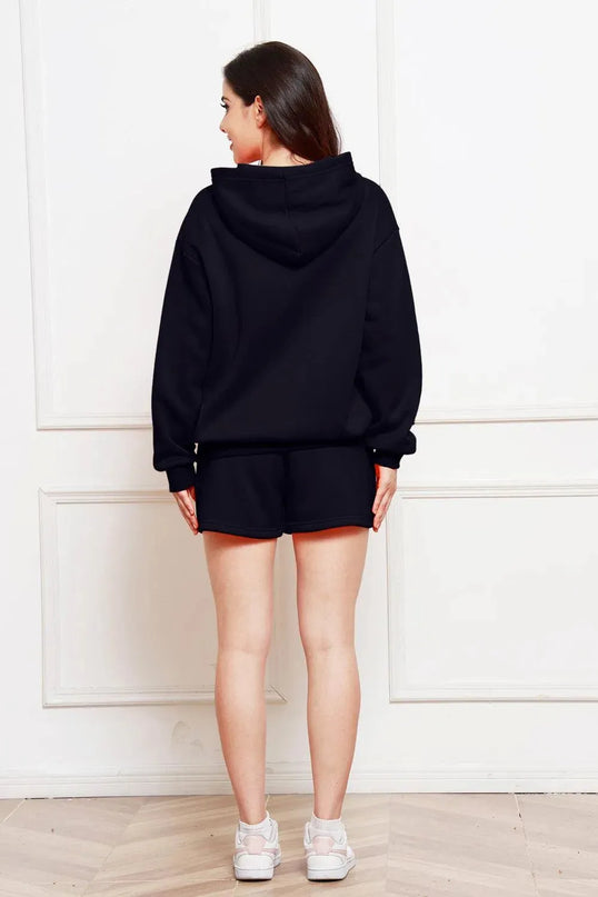 Casual Drop Shoulder Hoodie and Shorts Ensemble