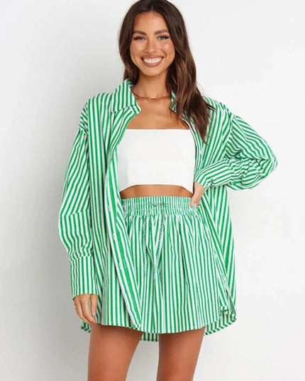 Striped Short Sleeve Button-Up Shirt and Shorts Combo Set