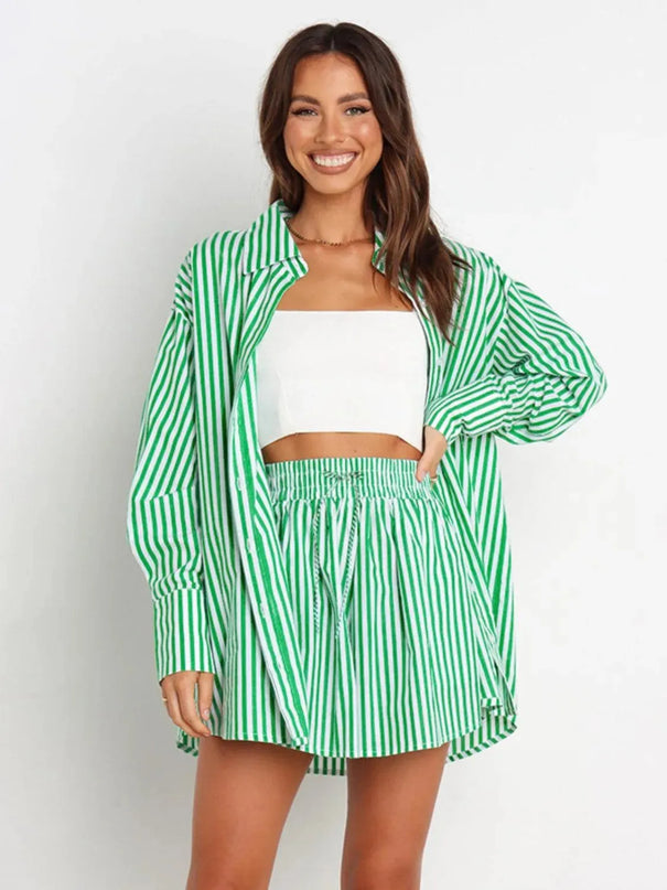 Striped Short Sleeve Button-Up Shirt and Shorts Combo Set