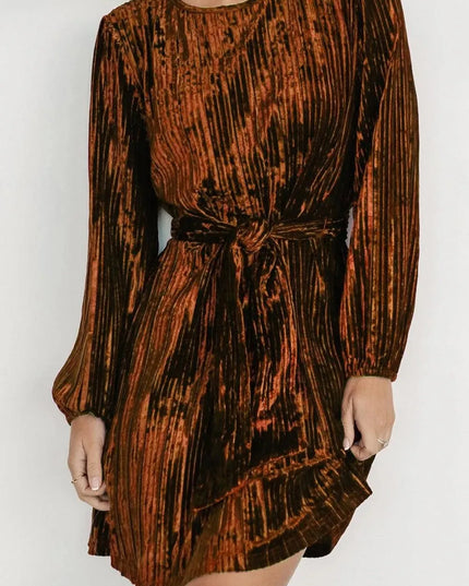 Velvet Round Neck Tie Waist Long Sleeve Mini Dress