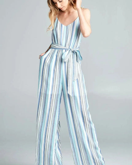 Cotton Bleu by Nu Label Tie Front Striped Sleeveless Jumpsuit - ShopEasier