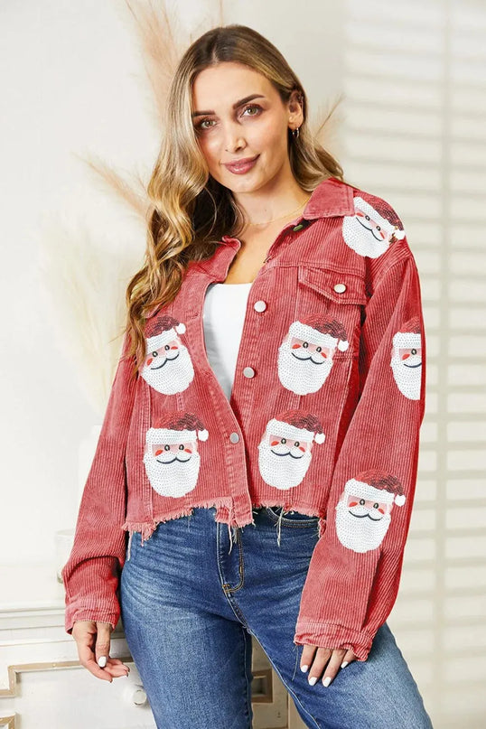 Chaqueta de Papá Noel con dobladillo sin rematar y adornos de lentejuelas