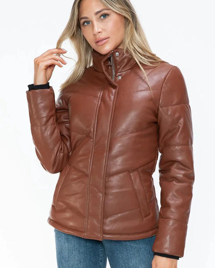 Snobbish Pocketed Zip Up Turtleneck Puffer Jacket - ShopEasier