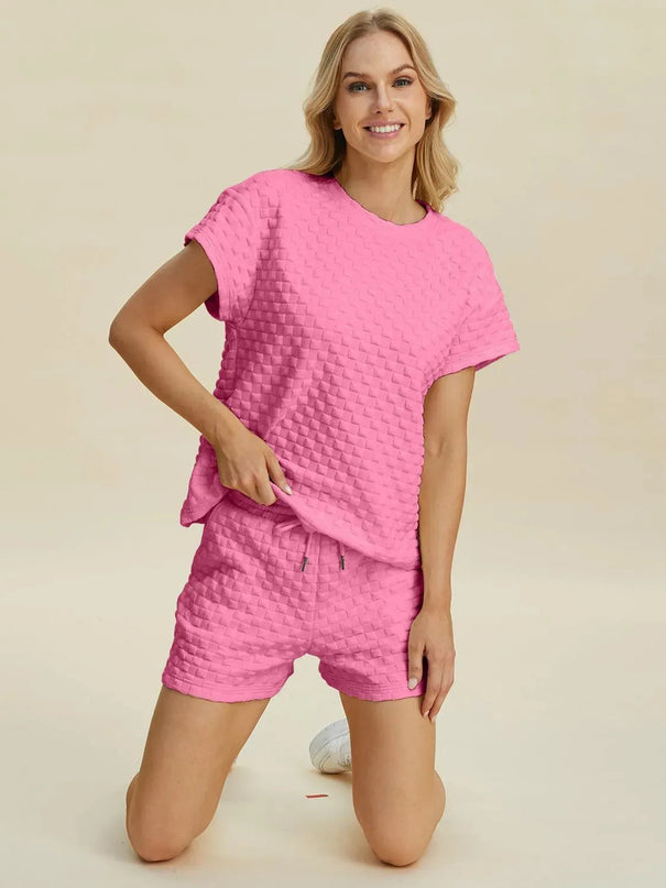 Dual Style Full Size Textured Tee and Shorts Ensemble