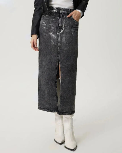 Slit Midi Denim Skirt with Pockets - ShopEasier