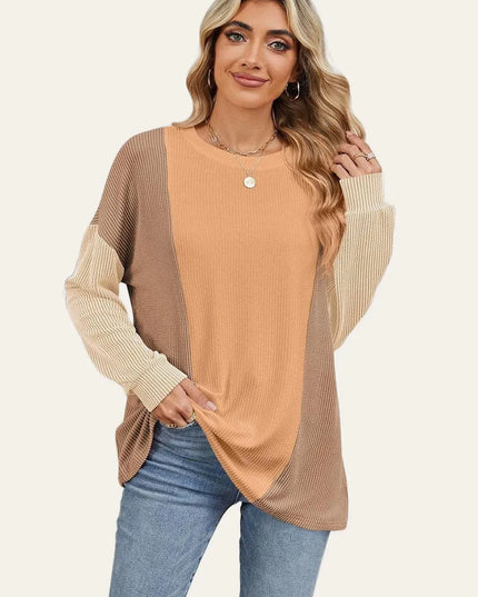 Textured Contrast Long Sleeve Round Neck Tee