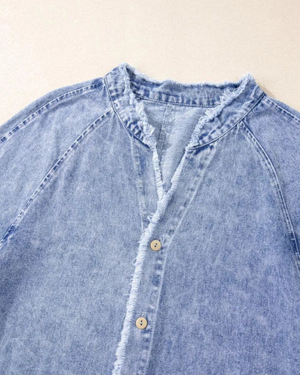 Raw Hem Button Down Long Sleeve Denim Dress - ShopEasier