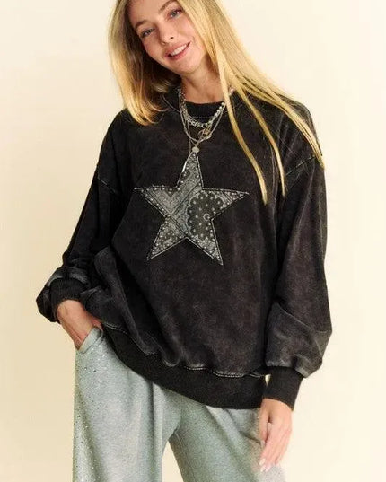 Acid-Washed Studded Star Patch Sweatshirt by Davi & Dani