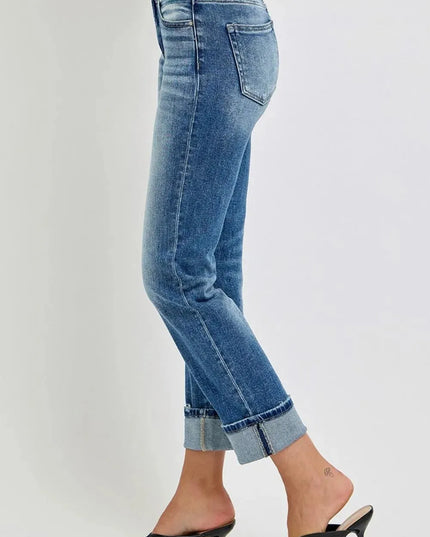 RISEN Full Size High Rise Crop Straight Roll Up Jeans - ShopEasier