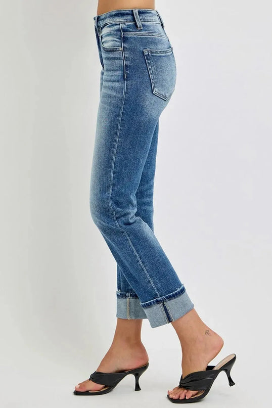 RISEN Full Size High Rise Crop Straight Roll Up Jeans - ShopEasier