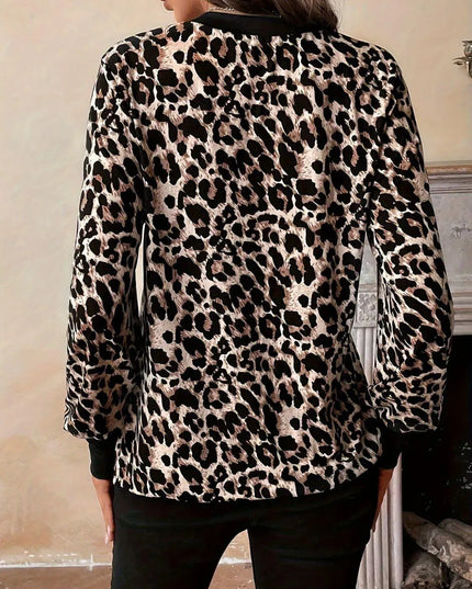 Leopard Print Long Sleeve V-Neck T-Shirt with Decorative Buttons