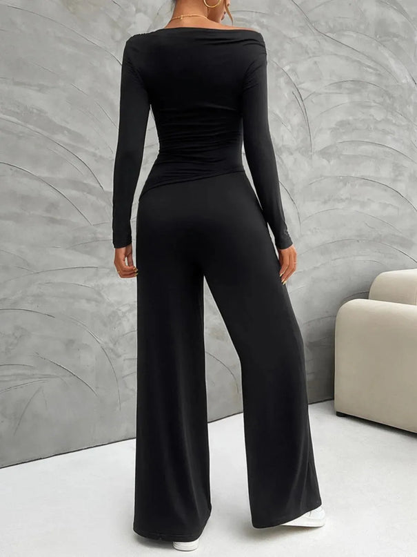 Chic Long Sleeve Top and Flowy Wide Leg Pants Ensemble