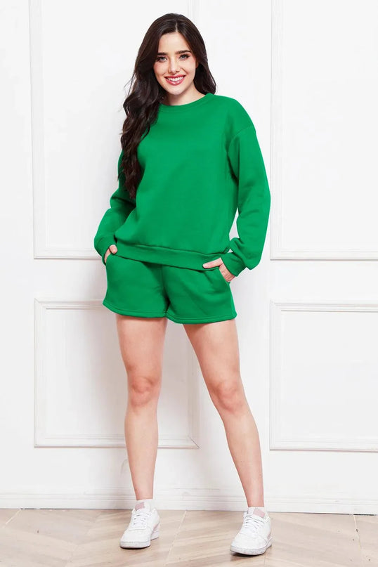 Two-Piece Drawstring Shorts and Long Sleeve Sweatshirt Set