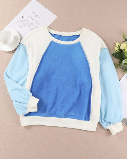 Color Block Casual Round Neck Sweatshirt with Dropped Shoulders