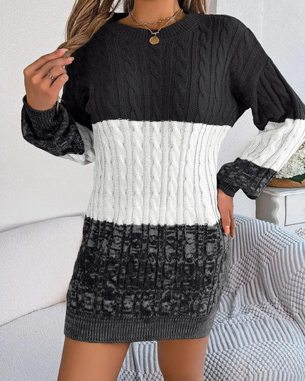 Cable-Knit Round Neck Color Block Sweater Dress - ShopEasier