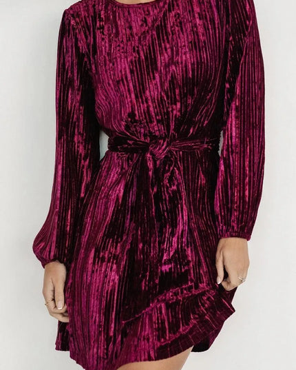 Velvet Round Neck Tie Waist Long Sleeve Mini Dress