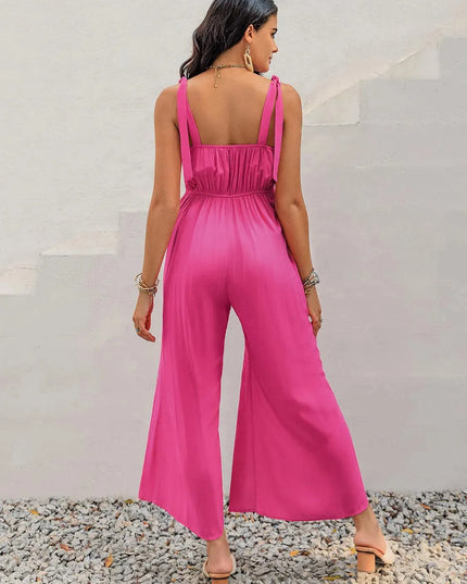 V-Neck Wide Strap Slit Jumpsuit - ShopEasier