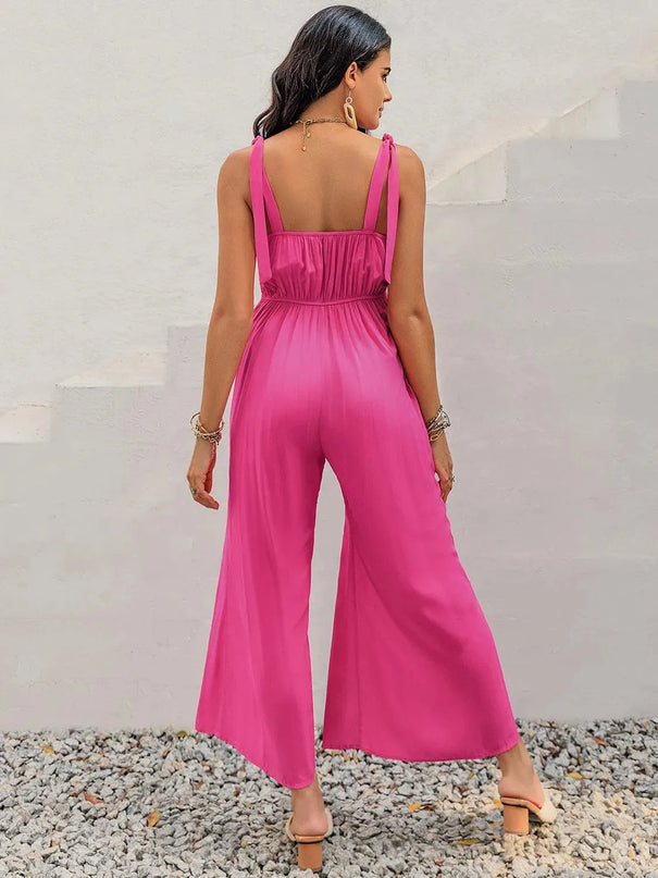 V-Neck Wide Strap Slit Jumpsuit - ShopEasier