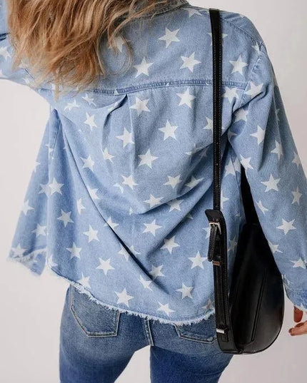 Raw Hem Star Collared Neck Denim Top - ShopEasier