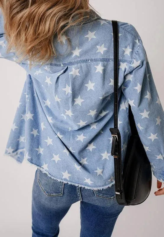 Raw Hem Star Collared Neck Denim Top - ShopEasier