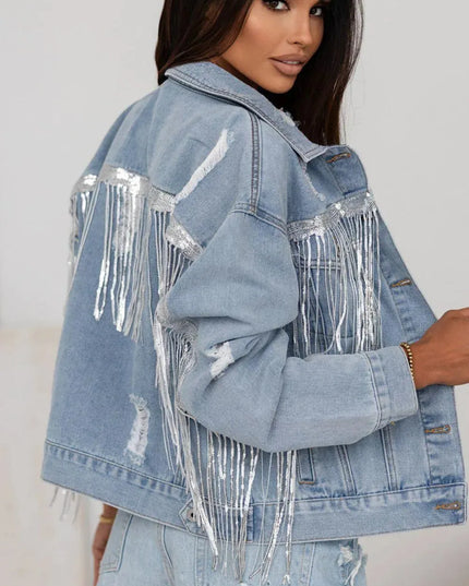 Sequin Fringe Trim Distressed Button Up Denim Jacket - ShopEasier