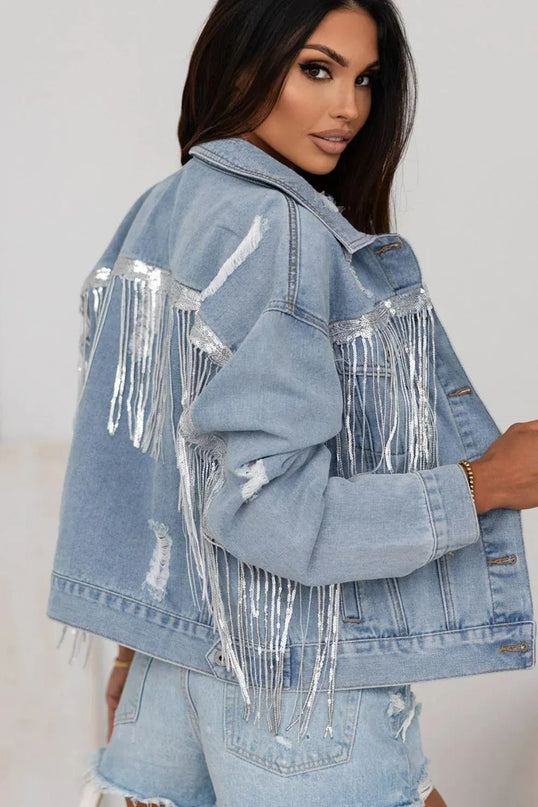 Sequin Fringe Trim Distressed Button Up Denim Jacket - ShopEasier