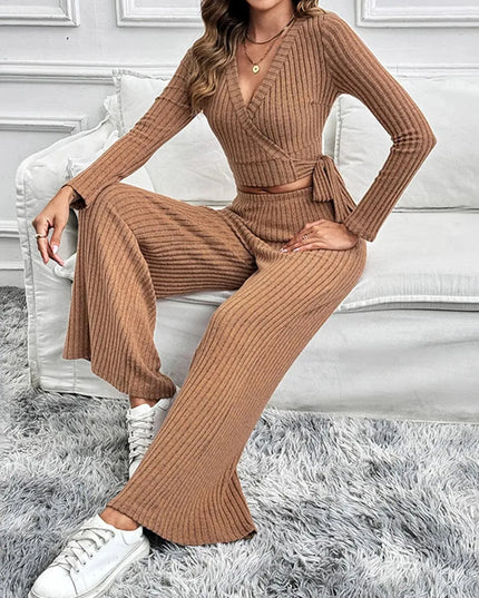 Chic Tied Long Sleeve Top and Pants Ensemble