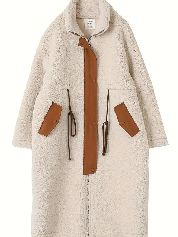 Plus Size Drawstring Zip Up Turtleneck Sherpa Coat - ShopEasier