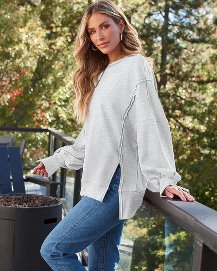 Slit Round Neck Long Sleeve Sweatshirt - ShopEasier