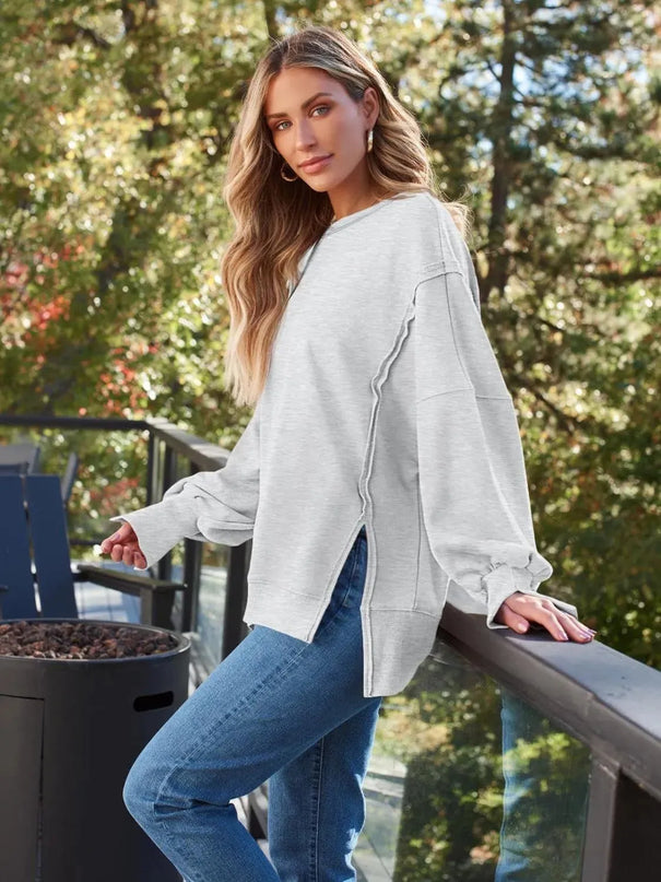 Slit Round Neck Long Sleeve Sweatshirt - ShopEasier