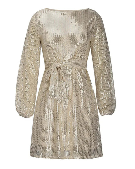 Sequin Tie Waist Long Sleeve Mini Dress