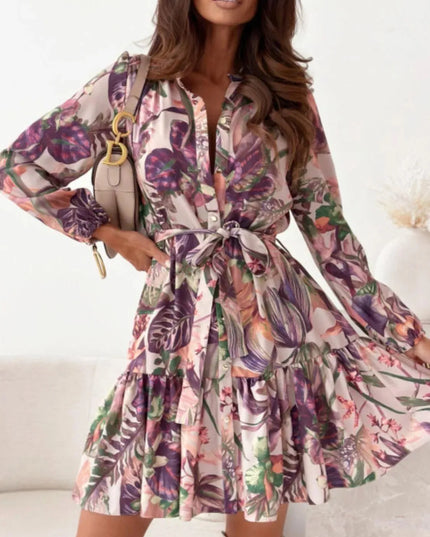 Vestido de manga larga con estampado floral y dobladillo con volantes