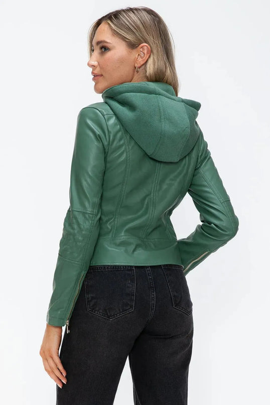 Snobbish Faux Leather Zip Up Drawstring Hooded Jacket - ShopEasier