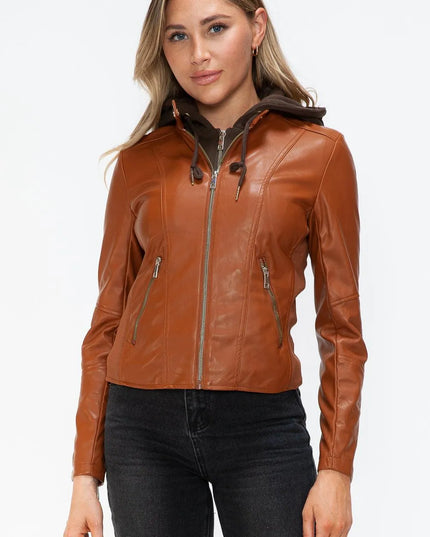 Snobbish Faux Leather Zip Up Drawstring Hooded Jacket - ShopEasier