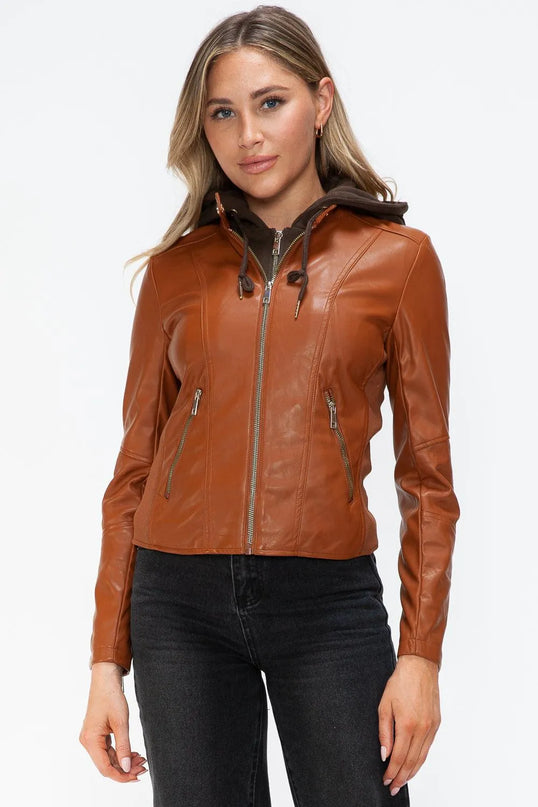 Snobbish Faux Leather Zip Up Drawstring Hooded Jacket - ShopEasier