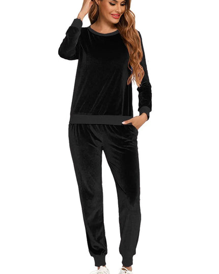 Cozy Round Neck Long Sleeve Lounge Set with Convenient Pockets