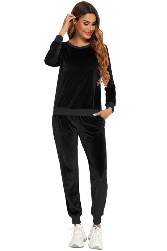 Cozy Round Neck Long Sleeve Lounge Set with Convenient Pockets