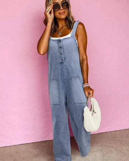 Wide Strap Denim Overalls with Pockets - ShopEasier