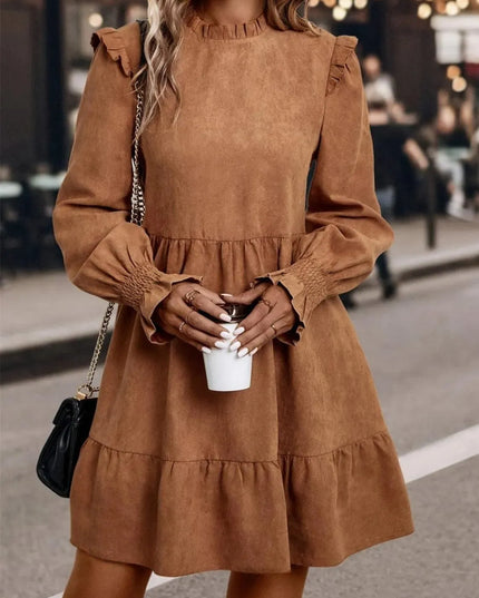 Frill Round Neck Long Sleeve Mini Dress - ShopEasier