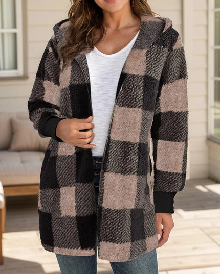 Plaid Long Sleeve Hooded Coat - ShopEasier