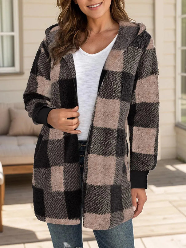 Plaid Long Sleeve Hooded Coat - ShopEasier