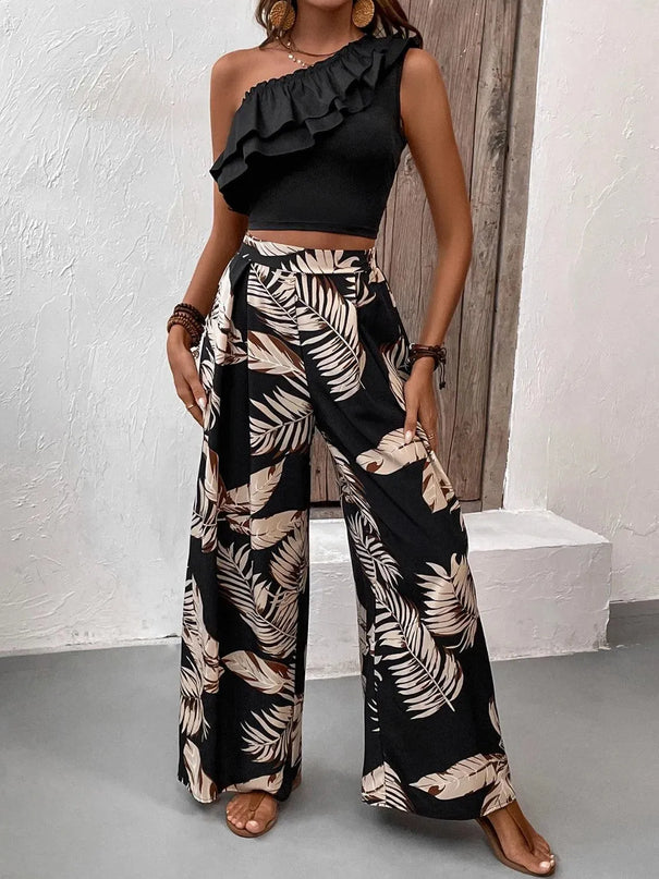 Honey Ruffled Sleeveless Blouse and Patterned Trousers Set