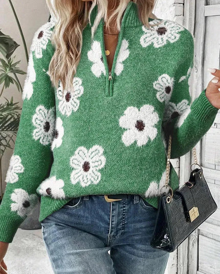 Flower Half Zip Long Sleeve Sweater - ShopEasier