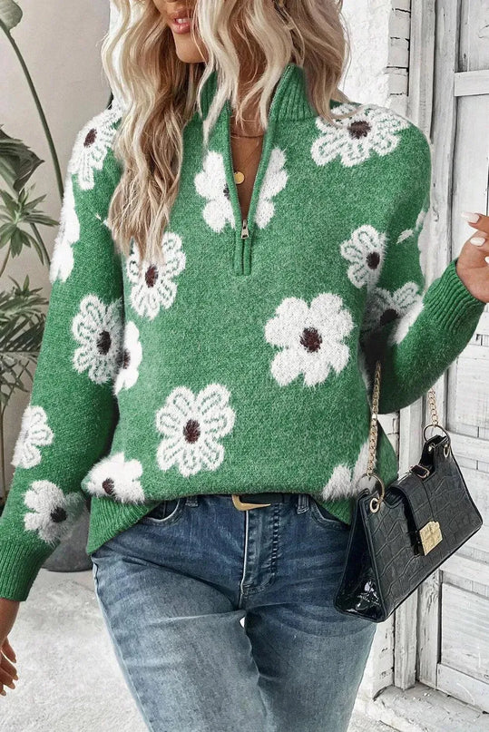 Flower Half Zip Long Sleeve Sweater - ShopEasier