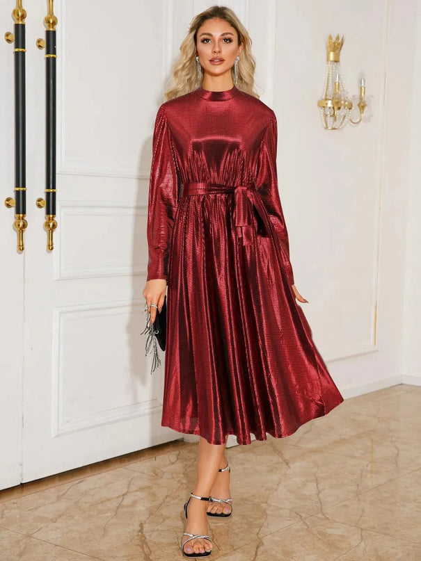 Tie Waist Long Sleeve Midi Dress - ShopEasier